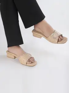 DressBerry Beige Textured Embellished Detail Open Toe Block Heels