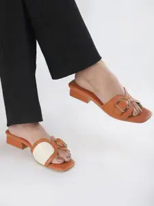 DressBerry Tan Textured Open Toe Block Heels With Buckle