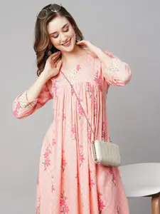 RATAN Floral Printed V-Neck Pleated A-Line Kurta