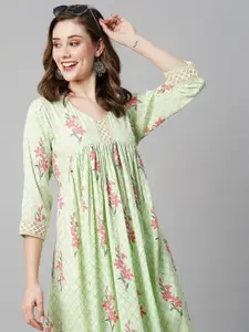 RATAN Floral Printed V-Neck Pleated A-Line Kurta