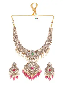 Rubans 24K Gold-Plated Emerald Green & Cubic Zirconia Studded Ruby Pink Beads Necklace Set