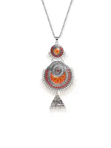 Rubans Oxidized Silver Plated Red & Yellow Enamelled Handpainted Pendant Chain with Pearls