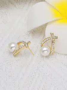 VAGHBHATT Gold Plated Cubic Zirconia & Pearl Geometric Studs Earrings