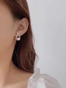 VAGHBHATT Gold Plated Cubic Zirconia & Pearl Geometric Studs Earrings