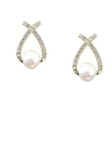 VAGHBHATT Gold Plated Cubic Zirconia & Pearl Geometric Studs Earrings