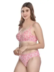 Aamarsh Printed Cotton Lightly Padded Bra With Briefs