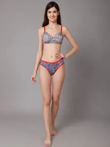 PIBU Pack of 3 Floral Printed Cotton Lightly Padded Bra & Mid-Rise Brief