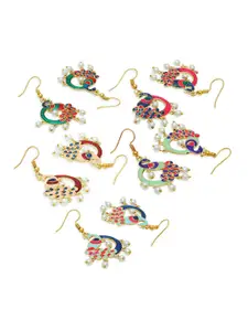 OOMPH Set Of 5 Peacock Shaped Pearls Beaded Jhumkas Earrings