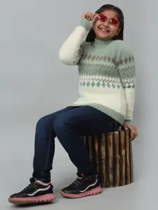 Cantabil Girls Geometric Printed Mock Collar Long Sleeves Acrylic Pullover Sweater