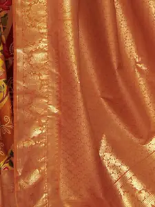 Satrani Orange & Red Ethnic Motifs Zari Pure Silk Sungudi Saree