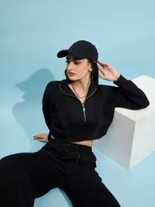 STREET 9 Black Mock Collar Pure Cotton Crop Sweatshirt