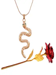 UNIVERSITY TRENDZ Rose Gold-Plated Snake Pendant Chain & Red Rose Combo Set