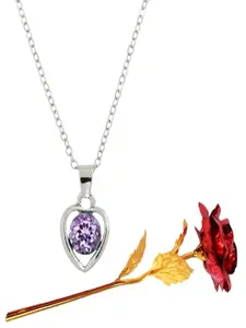 UNIVERSITY TRENDZ Set Of 2 Rhodium-Plated Stone-Studded Heart-Shaped Pendant Chain & Rose
