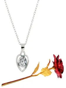 UNIVERSITY TRENDZ Rhodium-Plated Heart Pendant Chain & Red Rose Combo Set