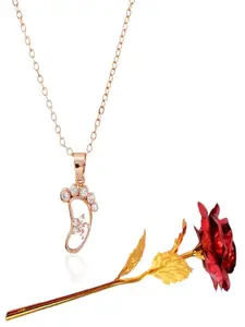 UNIVERSITY TRENDZ Rose Gold-Plated Baby Foot Pendant Chain & Red Rose Combo Set