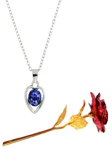 UNIVERSITY TRENDZ Rhodium-Plated Heart Pendant Chain & Red Rose Combo Set