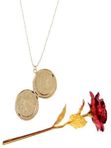UNIVERSITY TRENDZ Gold-Plated Open Lock Pendant Chain & Red Rose Combo Set