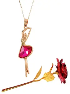 UNIVERSITY TRENDZ Rose-Gold-Plated Dancing Doll Pendant Chain & Red Rose Combo Set