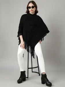 SHOWOFF V-Neck Long Sleeves Chevron Longline Poncho with Fringed Detail