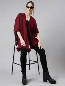 SHOWOFF Shawl Collar Three-Quarter Sleeves Regular Longline Poncho Sweater