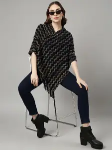 SHOWOFF Chevron Self Design V-Neck Longline Fringed Detail Acrylic Poncho