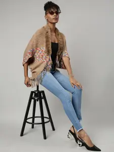 SHOWOFF Self Design Shawl Collar Fringed Detail Acrylic Poncho