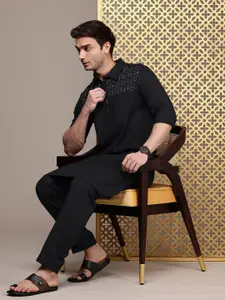 House of Pataudi Men Embroidered Pure Cotton Jashn Pathani Kurta with Trousers