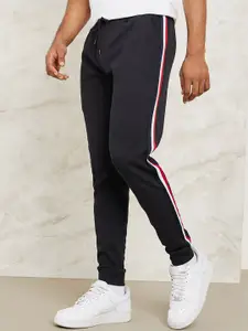 Styli Men Black Shoulder Tape Detail Zip Through Interlock Pure Cotton Tracksuit