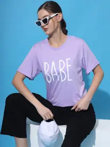 Purple Feather Typographic Printed Drop Shoulder Sleeves Oversized Cotton T shirt