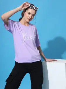 Purple Feather Typographic Printed Drop-Shoulder Sleeves Oversized Cotton T-shirt