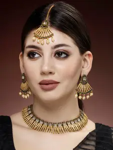 ADIVA Gold-Plated Stone Studded & Beads Beaded Necklace With Earrings & Maang Tika