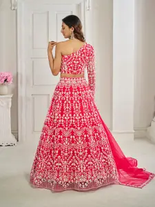 Inddus Pink Embroidered Net Semi-Stitched Lehenga & Unstitched Blouse With Dupatta