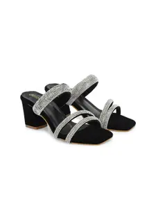 DressBerry Black Embellished Open Toe Block Heels