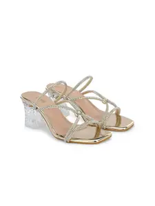 DressBerry Gold Toned Embellished Open Toe Block Heels