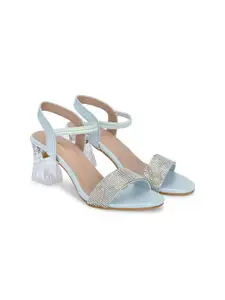 DressBerry Sea Green Embellished Open Toe Block Heels