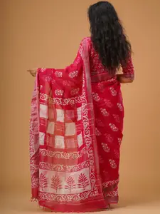 JALTHER Floral Block Printed Zari Cotton Linen Saree