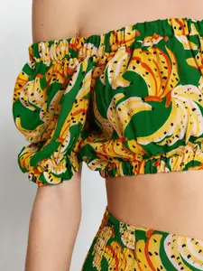 Trendyol Conversational Printed Off Shoulder Crop Top With Skirt