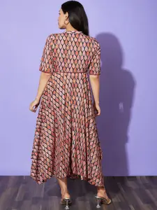 Globus Ethnic Motifs Mandarin Collar Short Sleeves Cotton Fusion A-Line Dress