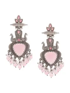 Priyaasi Silver-Plated Stone Studded Oxidised Peacock Shaped Drop Earrings