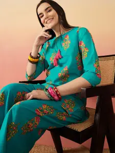 Sangria Floral Printed Tie Up Neck Ethnic Top With Palazzos