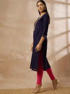 all about you Navy Blue Floral Yoke Design Thread Work Straight Kurta