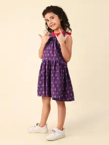 Fabindia Girls Abstract Printed A-Line Halter Neck Colourblocked Dress