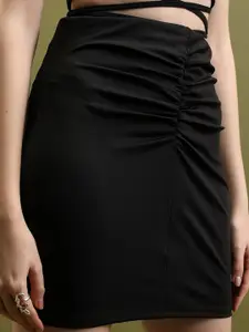 Tokyo Talkies Black Ruched Straight Mini Skirts