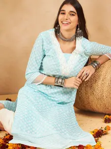 House of Pataudi Floral Embroidered Pure-Cotton Straight Kurta