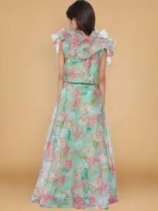 Aks Kids Girls Floral Printed Flared Sleeves Organza Ready To Wear Lehenga