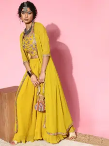Sangria Yellow Embroidered Ethnic Top with Palazzos & Shurg
