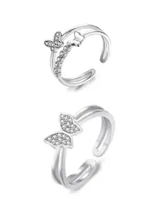 KARISHMA KREATIONS Set Of 2 Silver-Plated Cubic Zirconia-Studded Adjustable Finger Rings