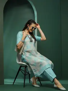 AKS Floral Printed Round Neck Short Sleeves Straight Kurta with Palazzos