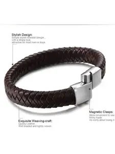 MEENAZ Men Silver-Plated Leather Kada Bracelet
