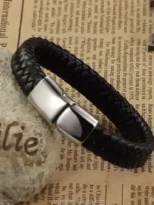 MEENAZ Men Leather Silver Plated Kada Bracelet